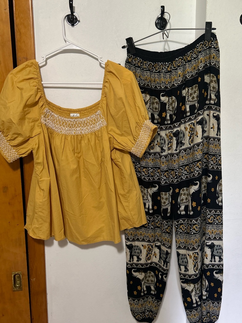 EARTHBOUND Mustard Smocked Blouse with Black Elephant-Print Joggers
